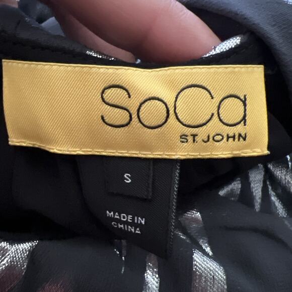 ST JOHN SoCa Charcoal Gray Silver Metallic Silk Tie Neck Sleeveless Top Small E2 - Picture 9 of 9